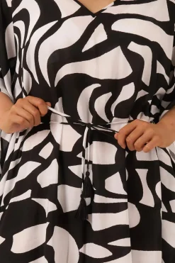 Sustainable Viscose Adjustable Tie Waist Kaftan - Black Geo Waves