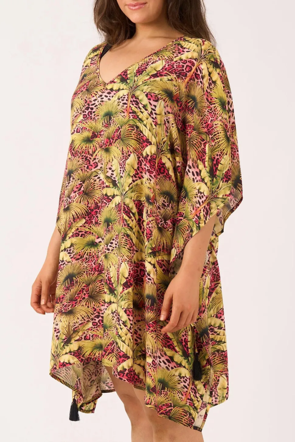Sustainable Viscose Adjustable Tie Waist Kaftan - Pink Tropical Leopard