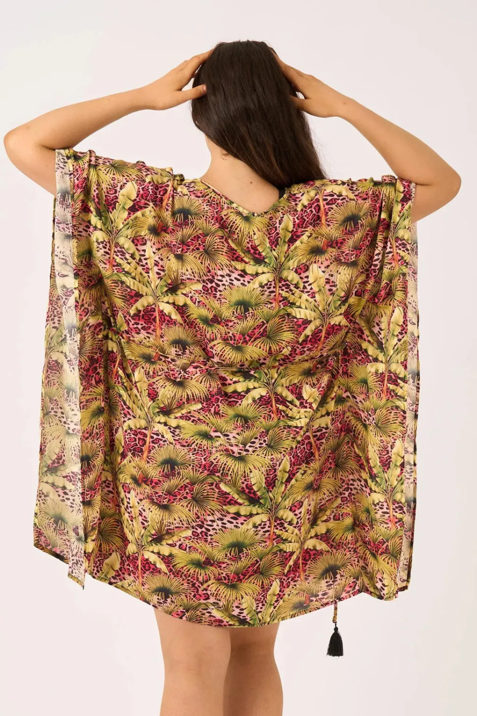 Sustainable Viscose Adjustable Tie Waist Kaftan - Pink Tropical Leopard