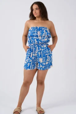 Sustainable Viscose Frill Playsuit - Blue Tiki