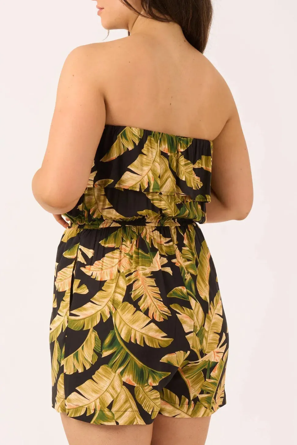 Sustainable Viscose Frill Playsuit - Black Tropical Leaf