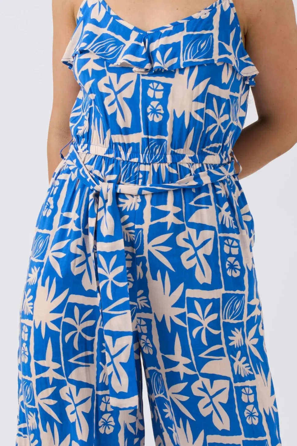 Sustainable Viscose Frill Jumpsuit - Blue Tiki