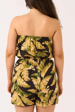 Sustainable Viscose Frill Playsuit - Black Tropical Leaf