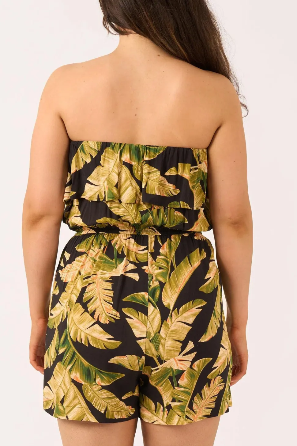 Sustainable Viscose Frill Playsuit - Black Tropical Leaf