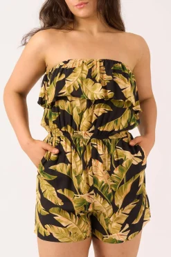 Sustainable Viscose Frill Playsuit - Black Tropical Leaf