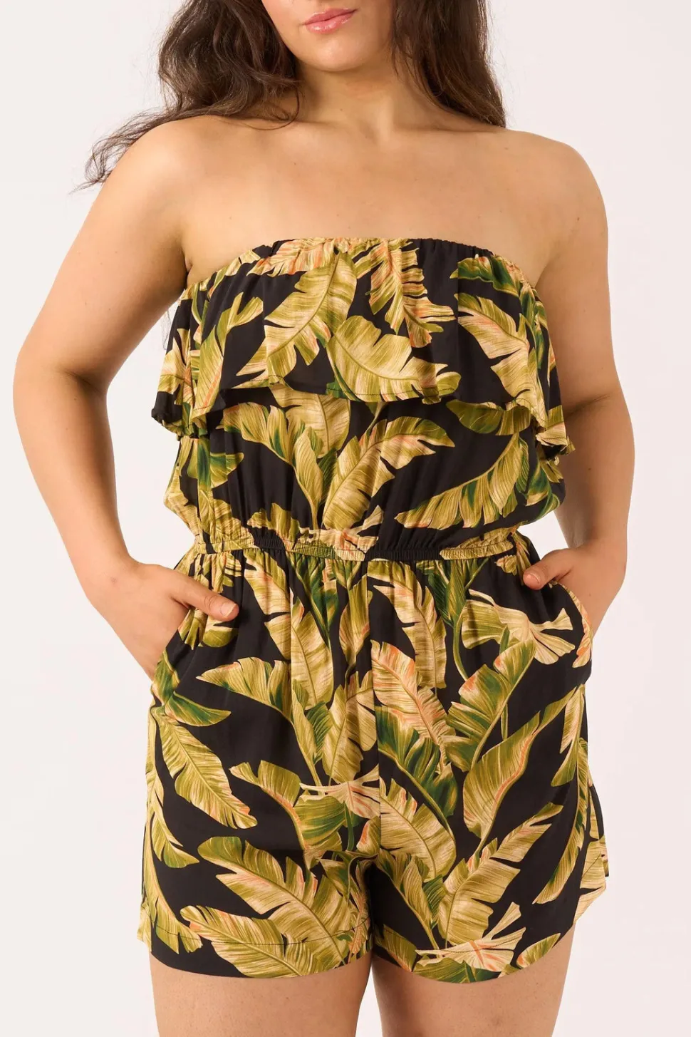Sustainable Viscose Frill Playsuit - Black Tropical Leaf