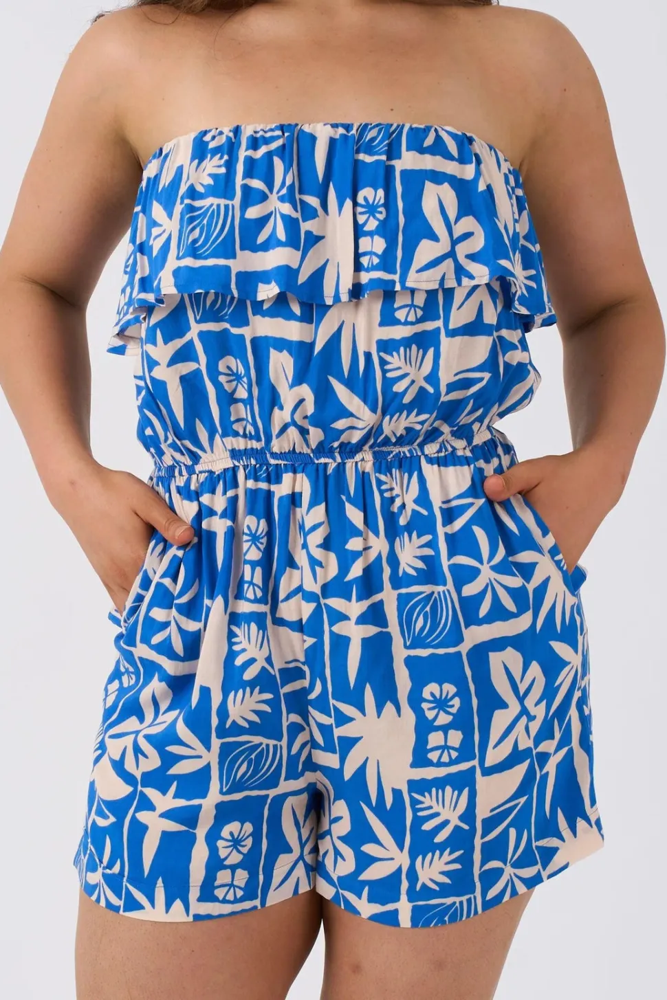 Sustainable Viscose Frill Playsuit - Blue Tiki