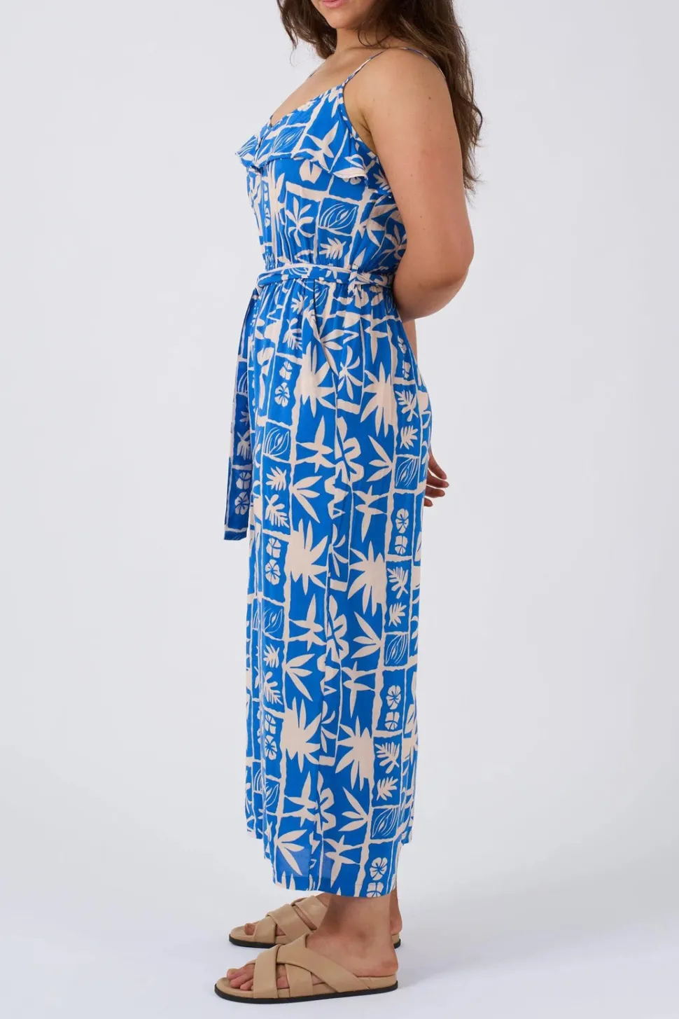 Sustainable Viscose Frill Jumpsuit - Blue Tiki