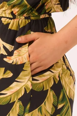 Sustainable Viscose Frill Playsuit - Black Tropical Leaf