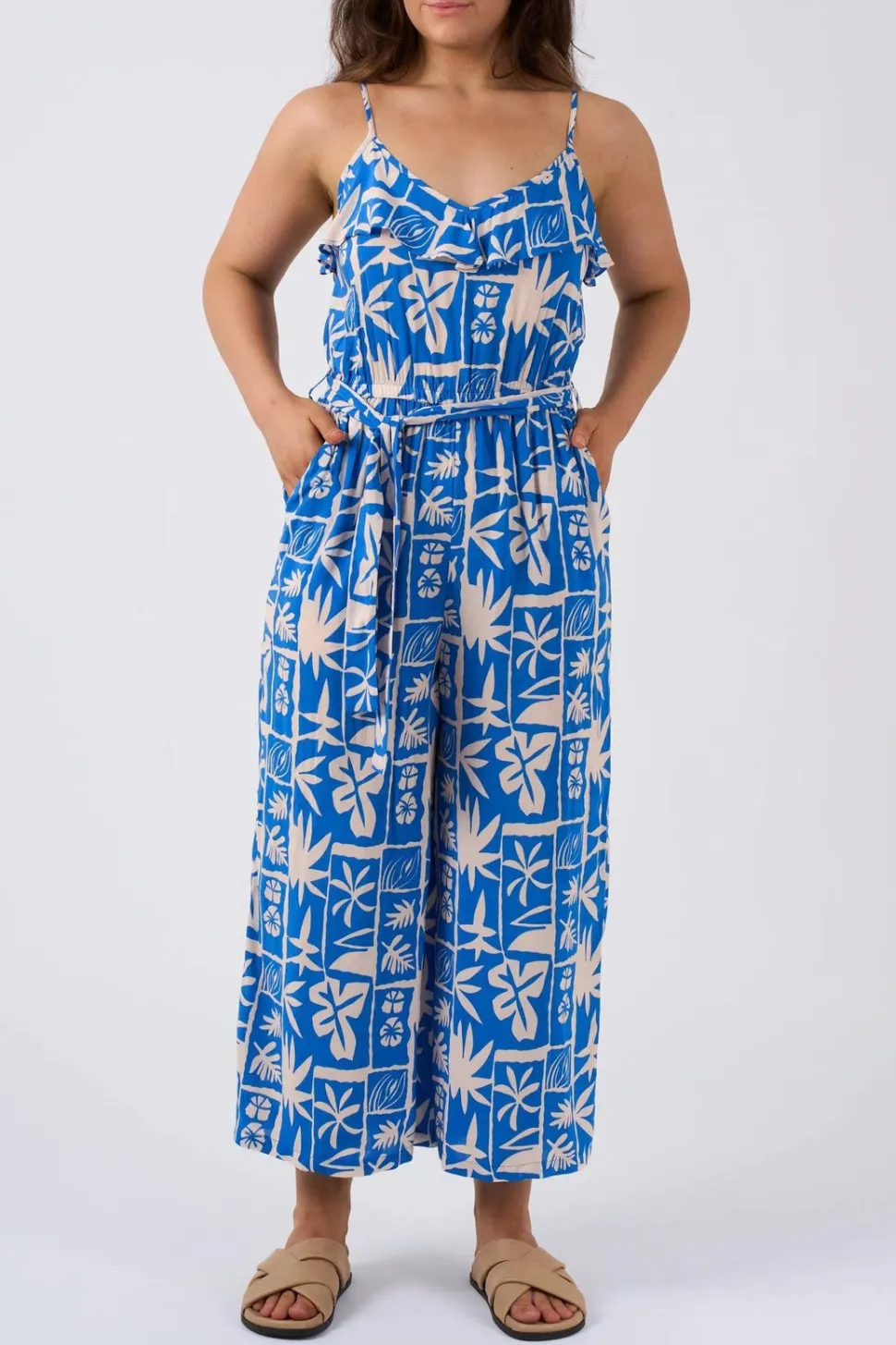 Sustainable Viscose Frill Jumpsuit - Blue Tiki