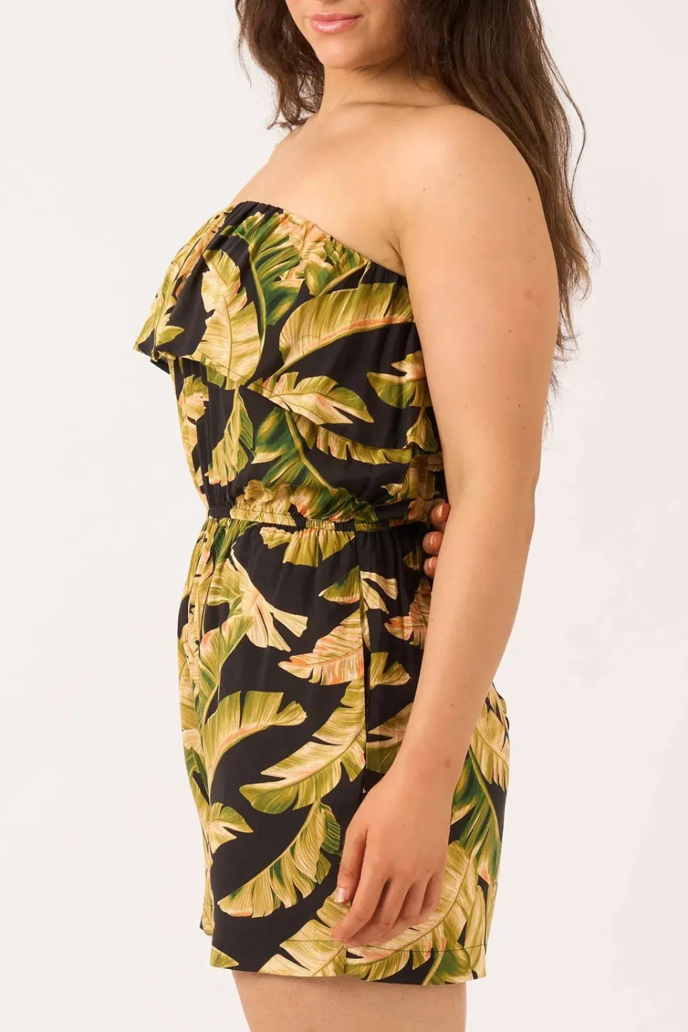 Sustainable Viscose Frill Playsuit - Black Tropical Leaf