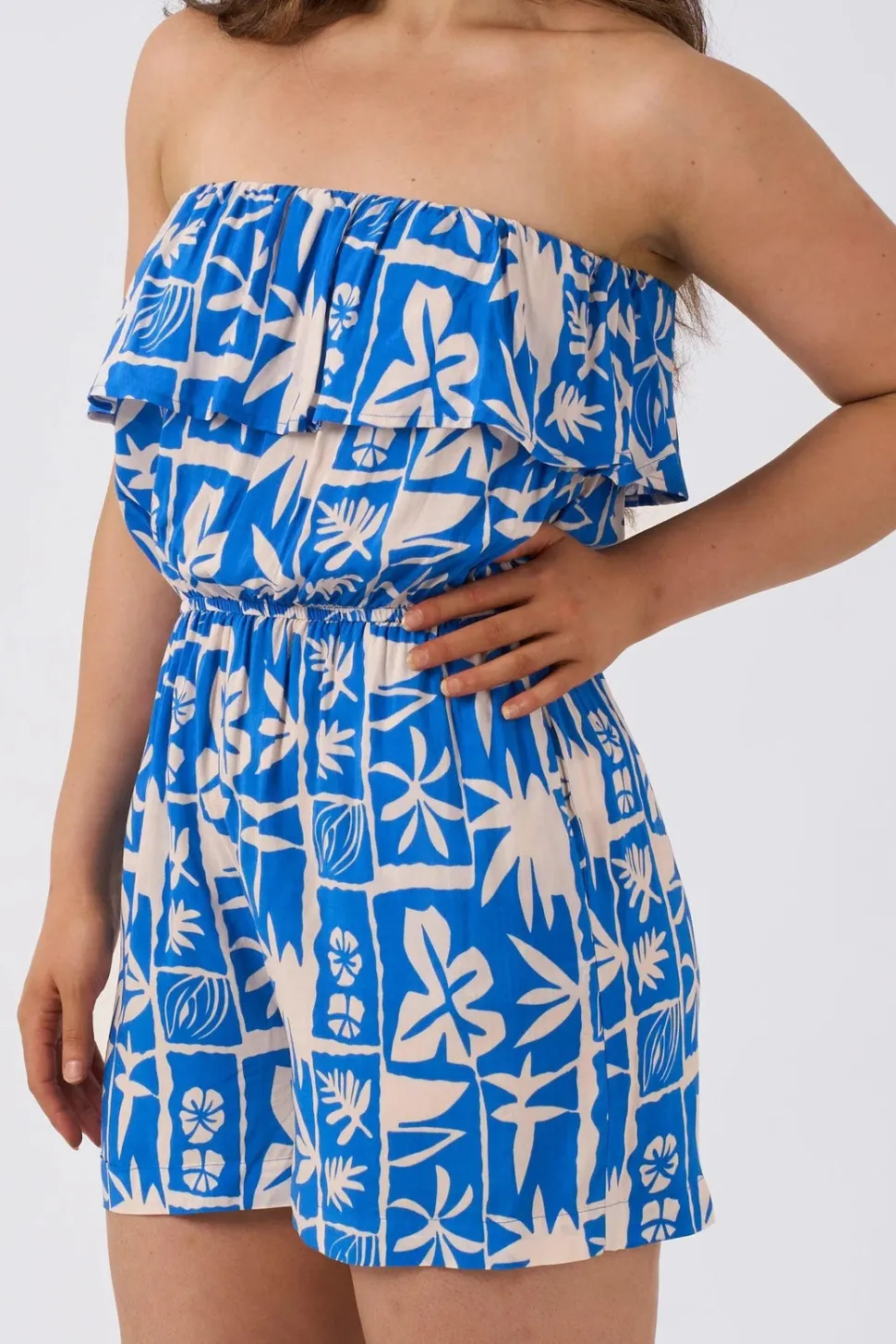 Sustainable Viscose Frill Playsuit - Blue Tiki