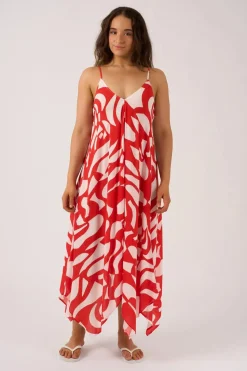 Sustainable Viscose Hanky Hem Dress - Red Geo Waves