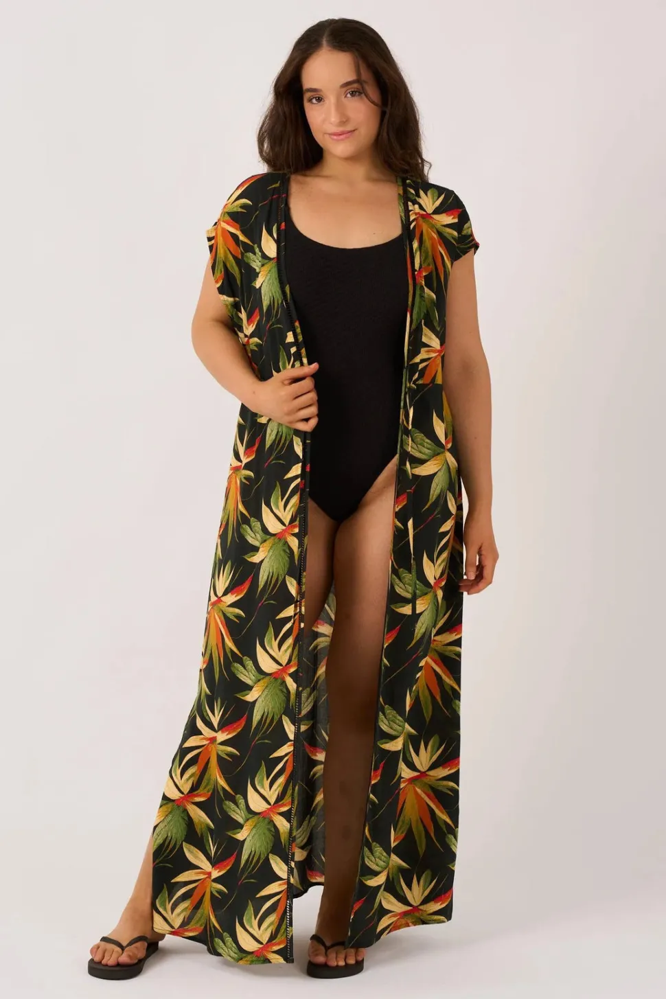 Sustainable Viscose Maxi Kimono - Black Tropico