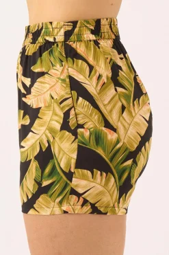 Sustainable Viscose Pull On Short - Black Tropical Leaf