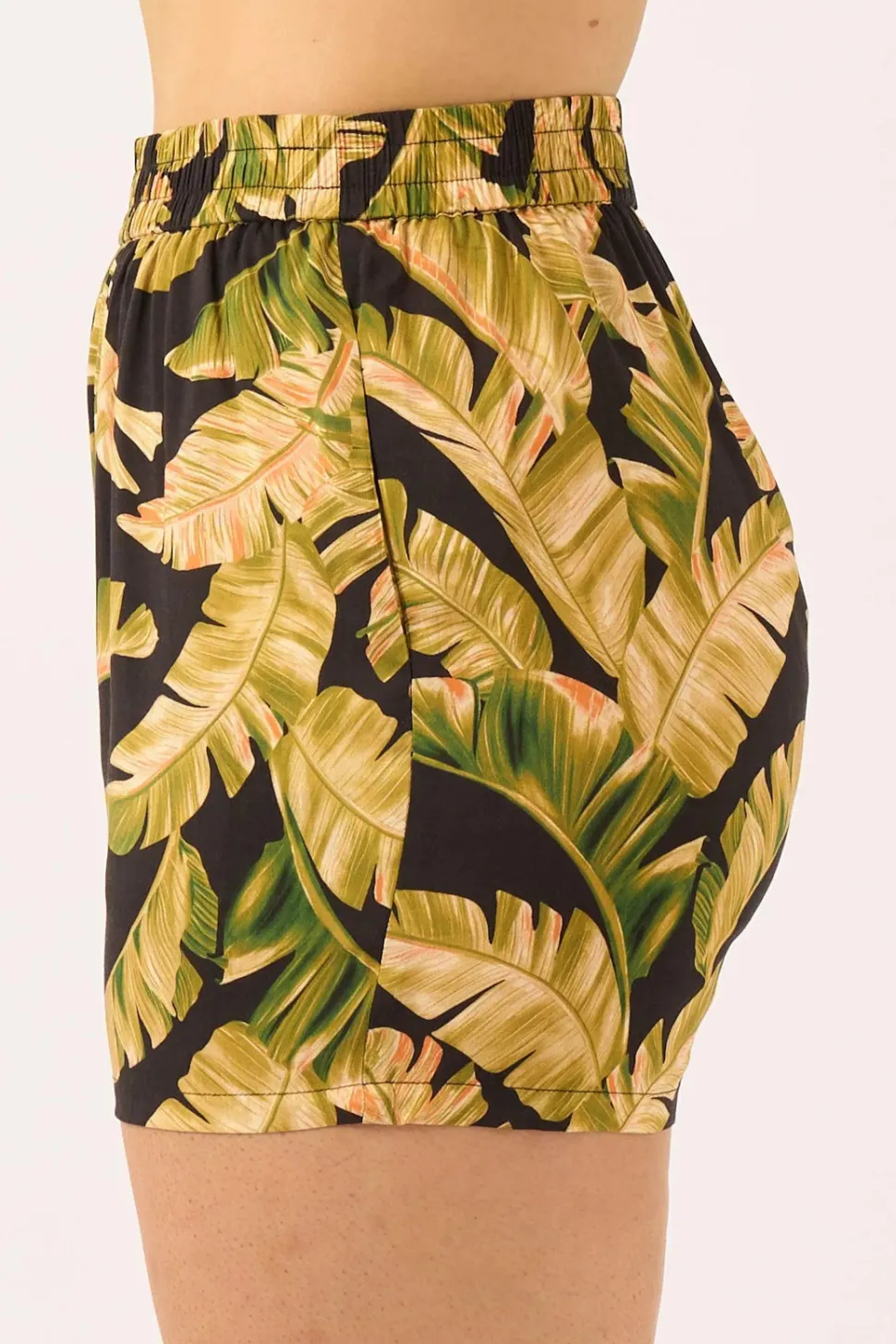Sustainable Viscose Pull On Short - Black Tropical Leaf
