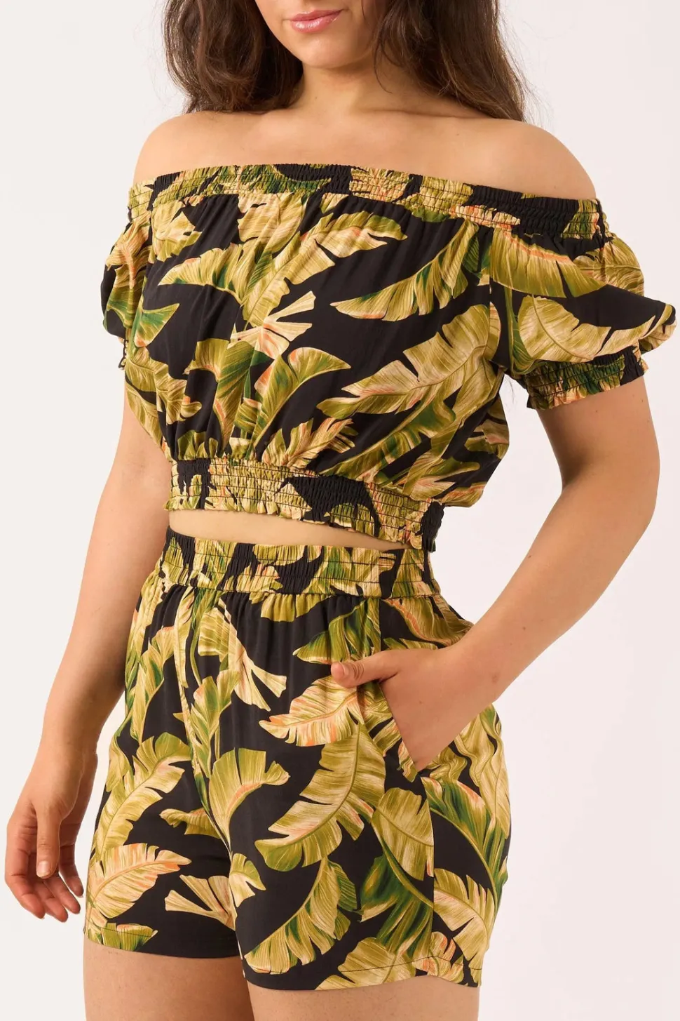 Sustainable Viscose Pull On Short - Black Tropical Leaf