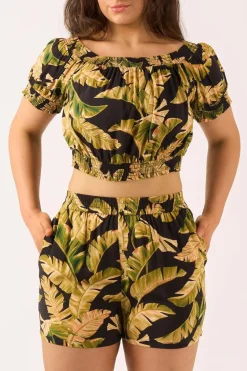 Sustainable Viscose Pull On Short - Black Tropical Leaf