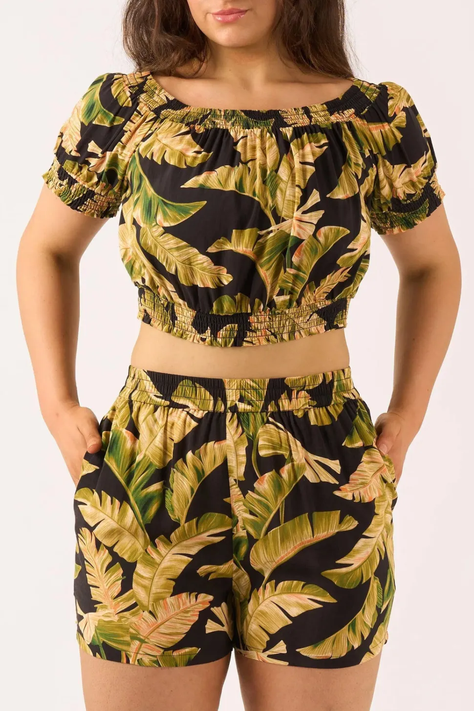 Sustainable Viscose Pull On Short - Black Tropical Leaf
