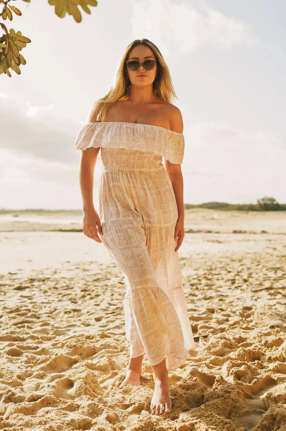 Sustainable Viscose Shirred Ruffle Maxi Dress - Nude Tiki
