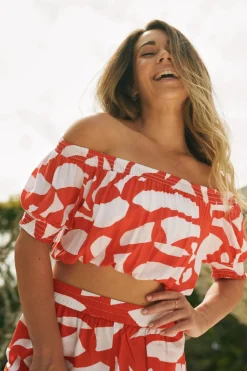 Sustainable Viscose Shirred Bardot Crop Top - Red Geo Waves