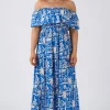Sustainable Viscose Shirred Ruffle Maxi Dress - Blue Tiki