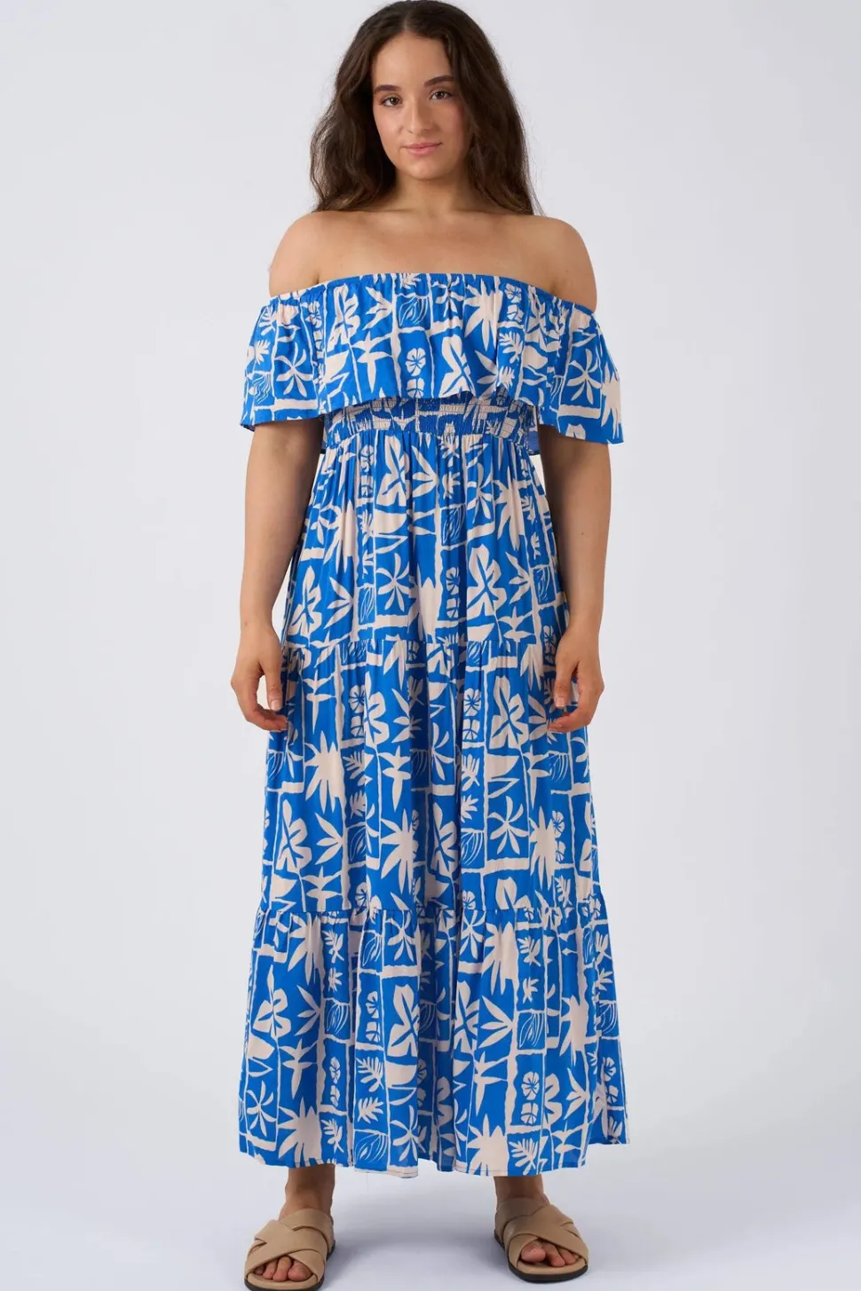 Sustainable Viscose Shirred Ruffle Maxi Dress - Blue Tiki