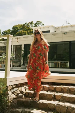 Sustainable Viscose Shirred Ruffle Maxi Dress - Flame Tropico