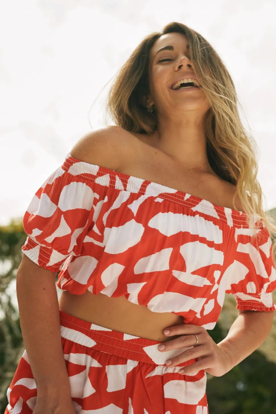 Sustainable Viscose Shirred Bardot Crop Top - Red Geo Waves