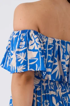 Sustainable Viscose Shirred Ruffle Maxi Dress - Blue Tiki