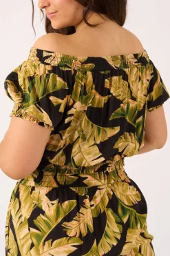 Sustainable Viscose Shirred Bardot Crop Top - Black Tropical Leaf