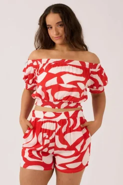 Sustainable Viscose Shirred Bardot Crop Top - Red Geo Waves