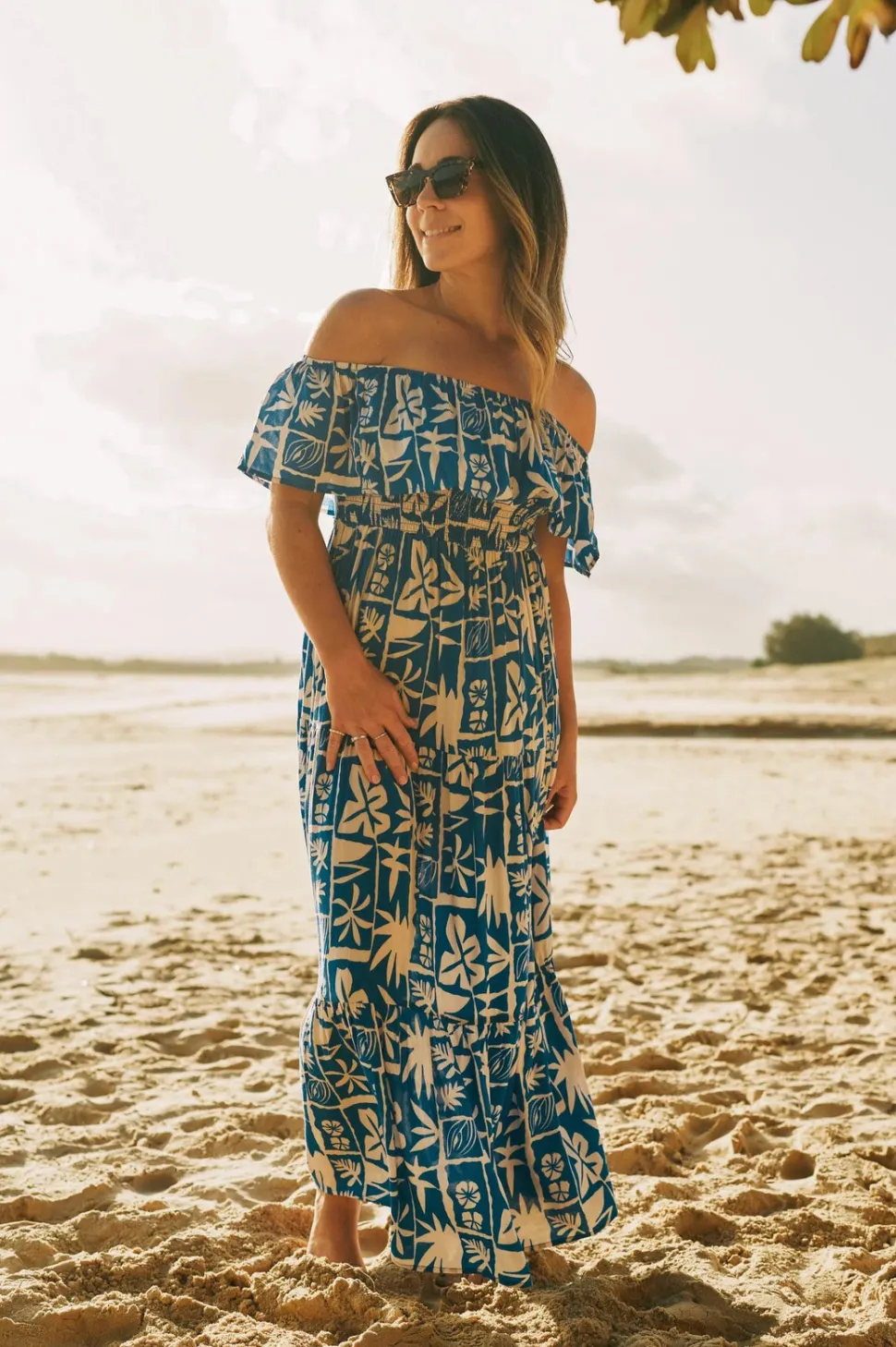 Sustainable Viscose Shirred Ruffle Maxi Dress - Blue Tiki