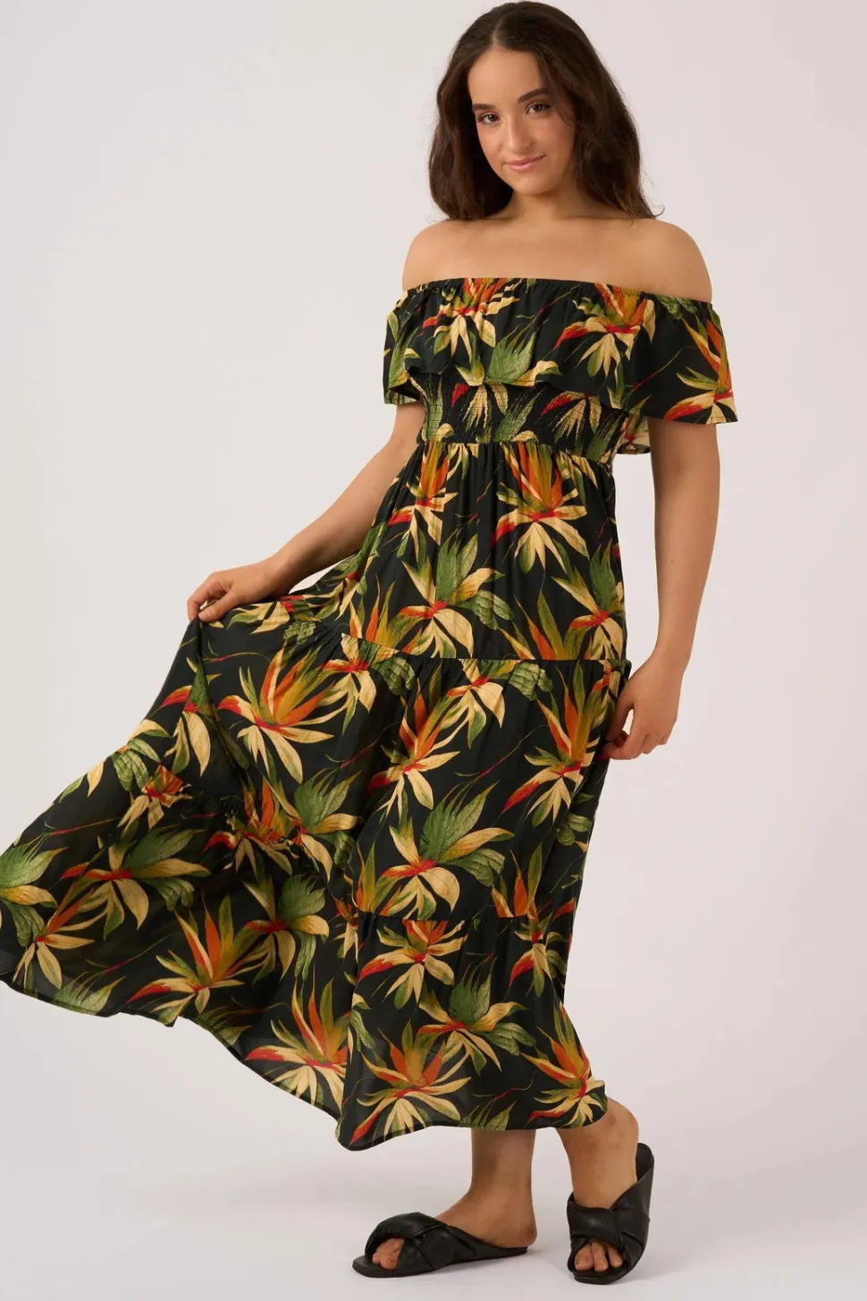 Sustainable Viscose Shirred Ruffle Maxi Dress - Black Tropico
