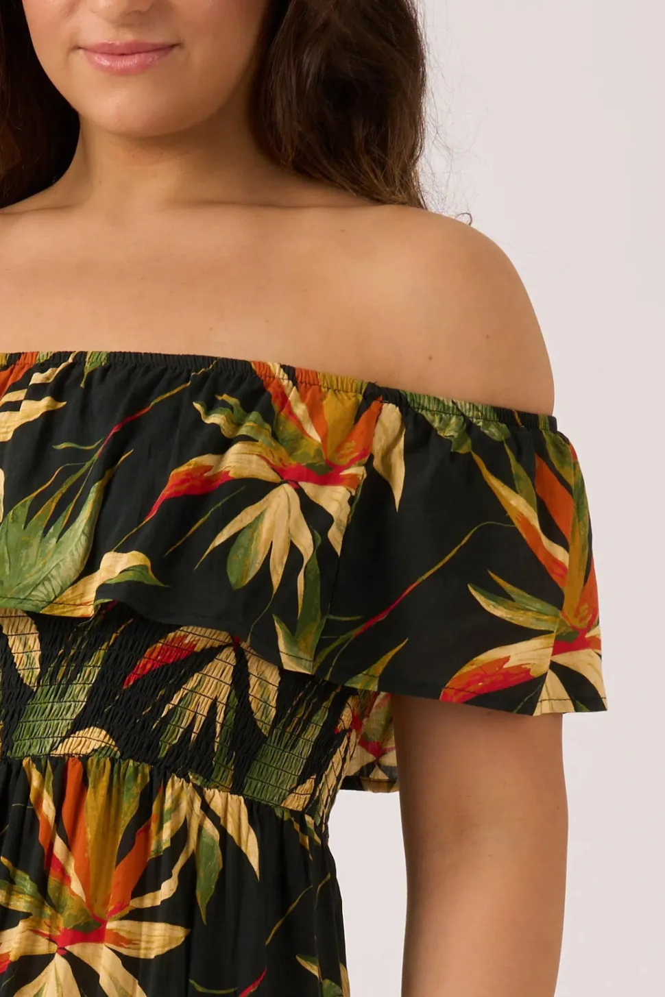 Sustainable Viscose Shirred Ruffle Maxi Dress - Black Tropico