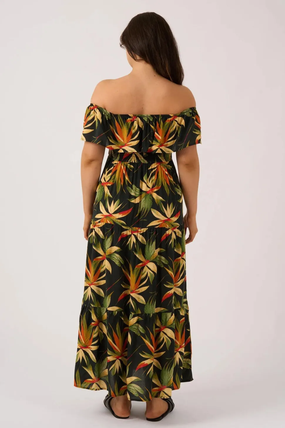 Sustainable Viscose Shirred Ruffle Maxi Dress - Black Tropico
