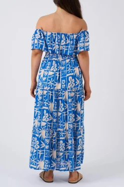 Sustainable Viscose Shirred Ruffle Maxi Dress - Blue Tiki