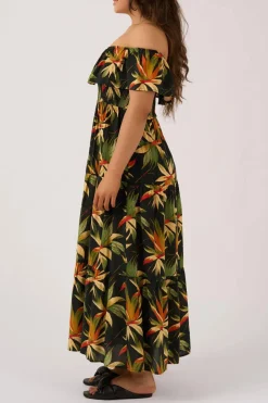 Sustainable Viscose Shirred Ruffle Maxi Dress - Black Tropico