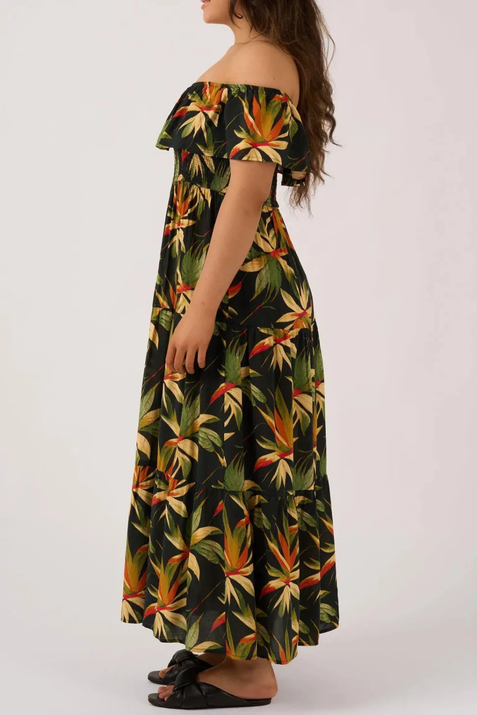 Sustainable Viscose Shirred Ruffle Maxi Dress - Black Tropico