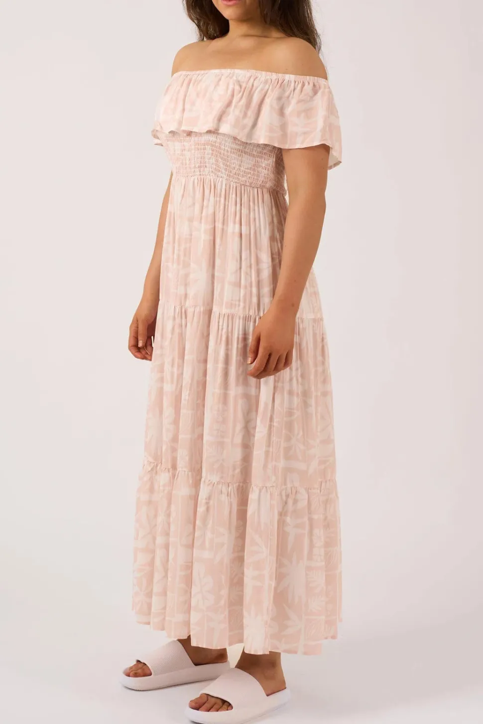 Sustainable Viscose Shirred Ruffle Maxi Dress - Nude Tiki