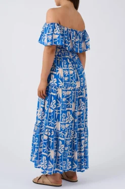 Sustainable Viscose Shirred Ruffle Maxi Dress - Blue Tiki