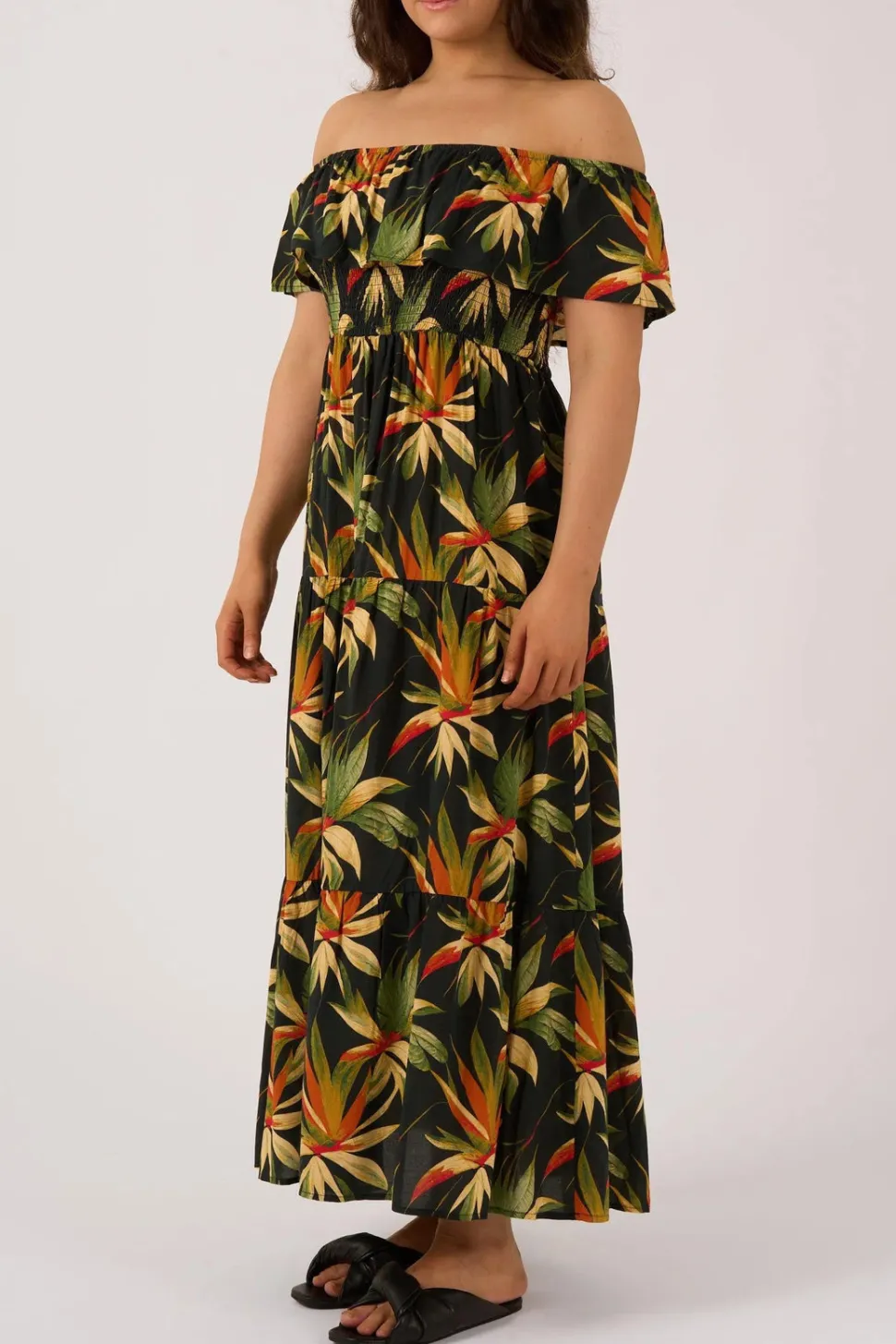 Sustainable Viscose Shirred Ruffle Maxi Dress - Black Tropico