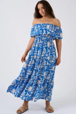 Sustainable Viscose Shirred Ruffle Maxi Dress - Blue Tiki