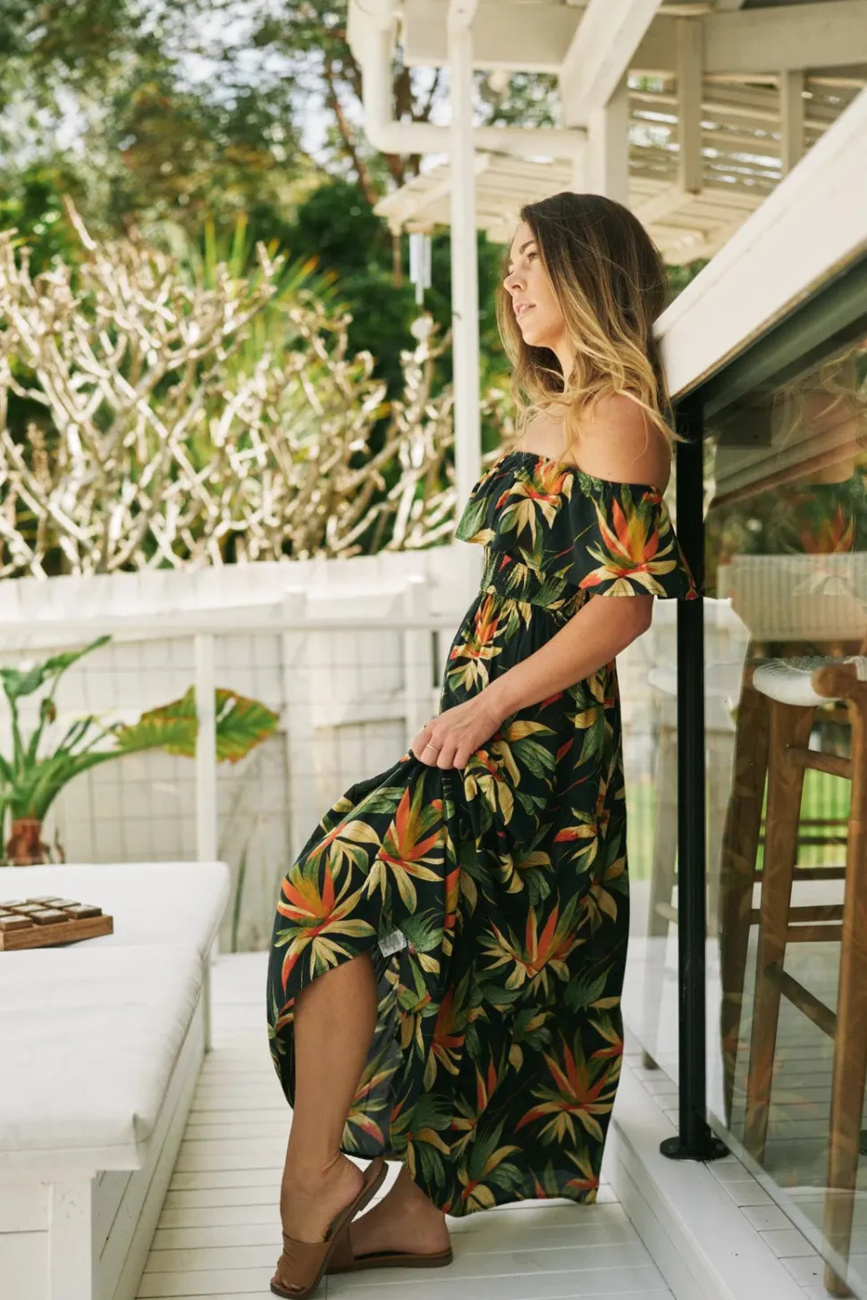 Sustainable Viscose Shirred Ruffle Maxi Dress - Black Tropico