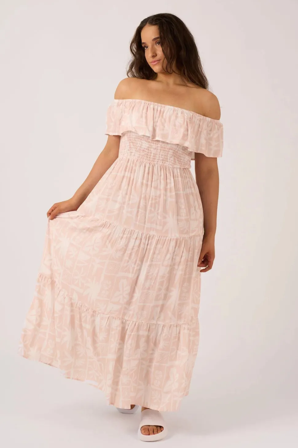 Sustainable Viscose Shirred Ruffle Maxi Dress - Nude Tiki