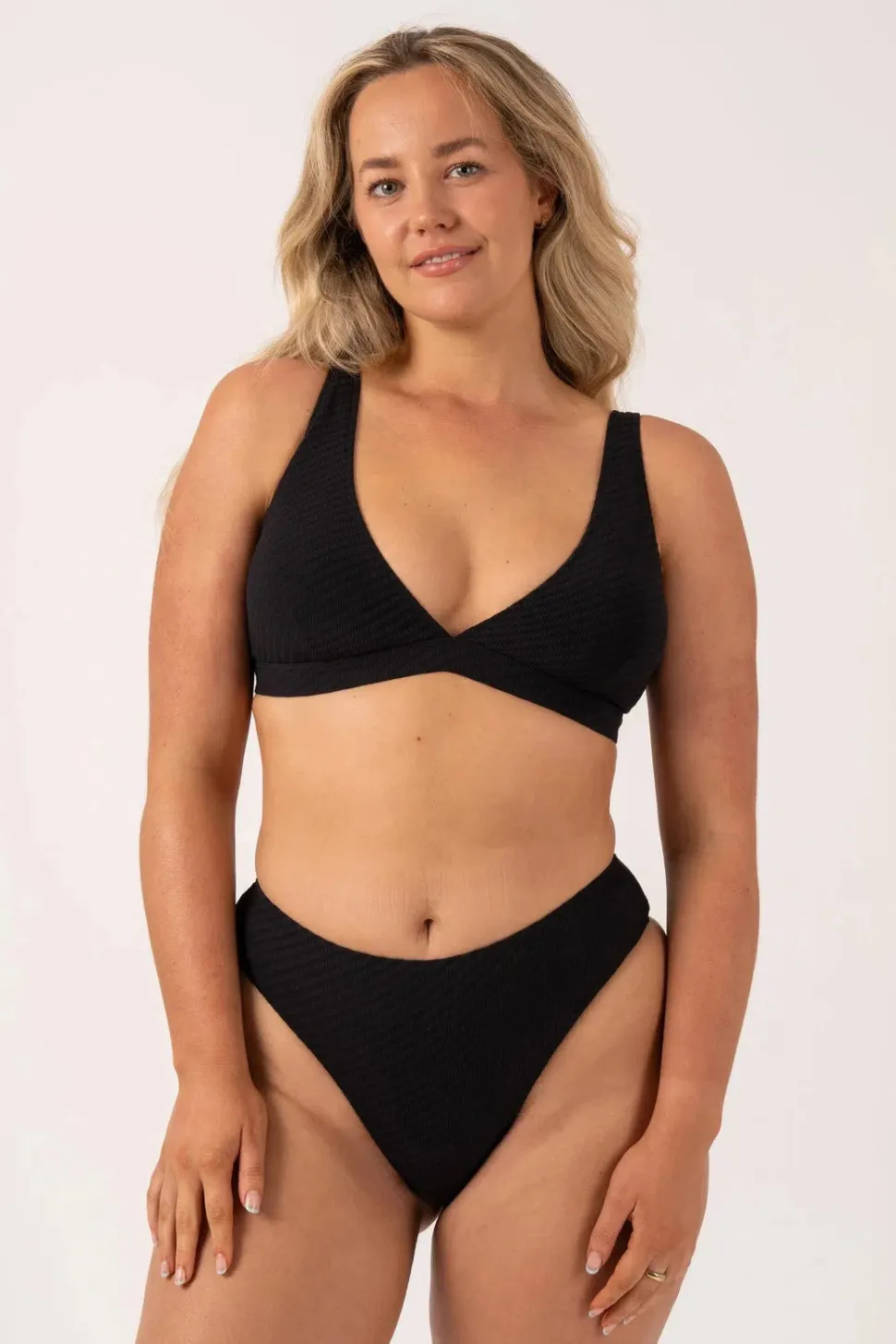 Textured Built Up Deep V Triangle Bikini Top - Black
