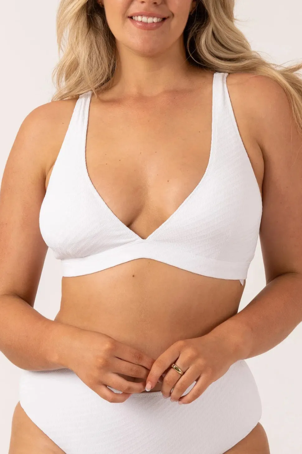 Textured Built Up Deep V Triangle Bikini Top - White
