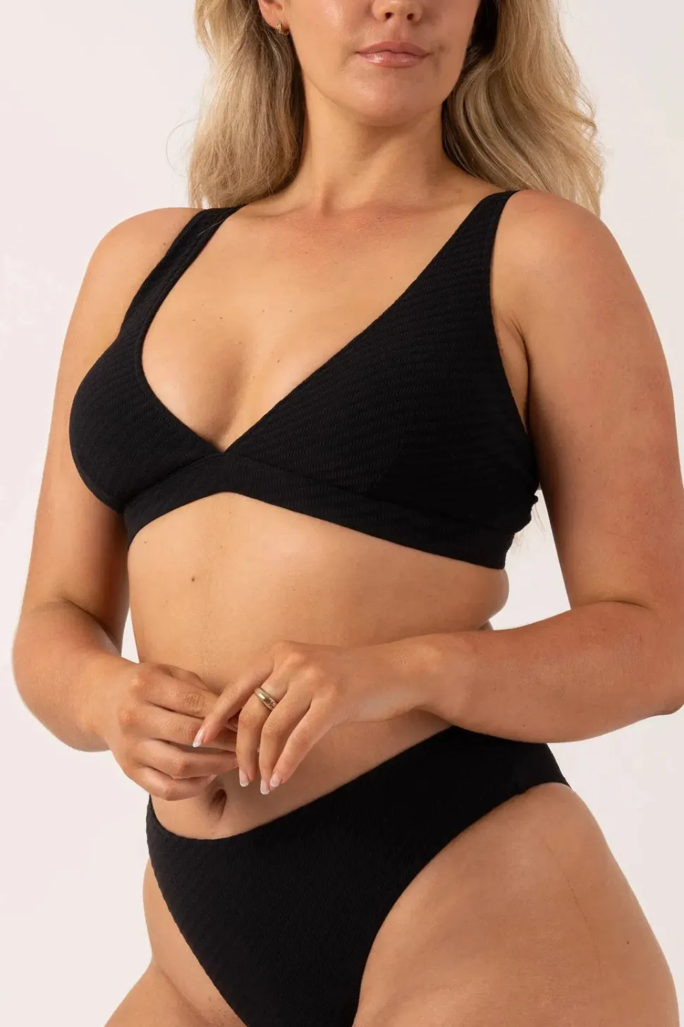 Textured Built Up Deep V Triangle Bikini Top - Black