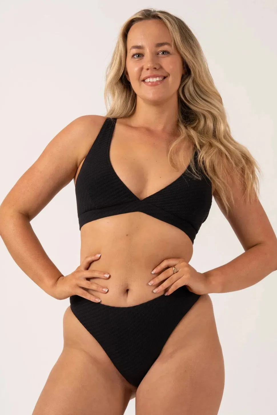 Textured High Waist High Leg Bikini Bottom - Black