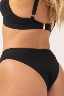 Textured High Waist High Leg Bikini Bottom - Black